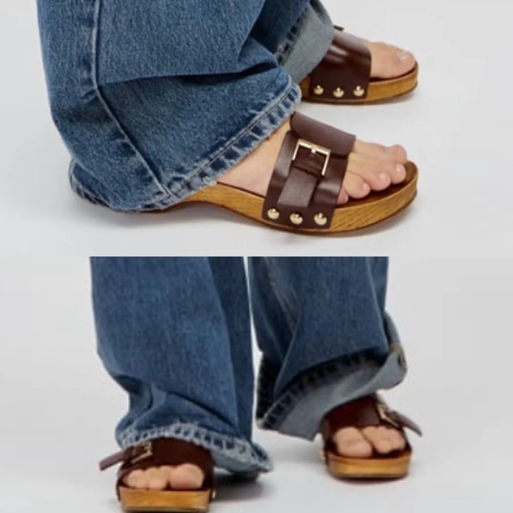 Zara flat leather sandals with wood effect soles cognac brown leather upper - Picture 11 of 11